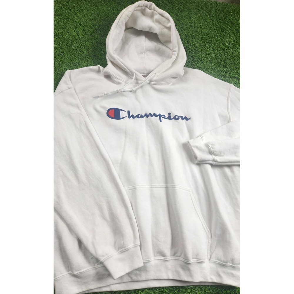 Champion Hoodie Mens Big 1X White Fleece Pullover Kangaroo Pocket Logo Graphic
